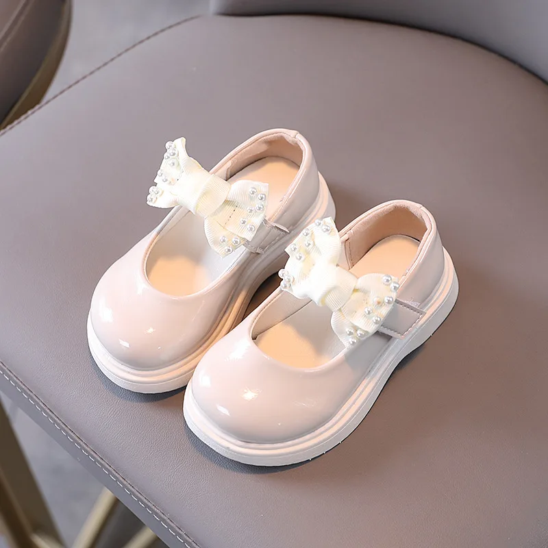 

Princess Shoes Baby Girl Pearl Bowknot Leather Shoes For Dance Party Children Shoes Black Beige Artificial PU Casual Kids Shoes