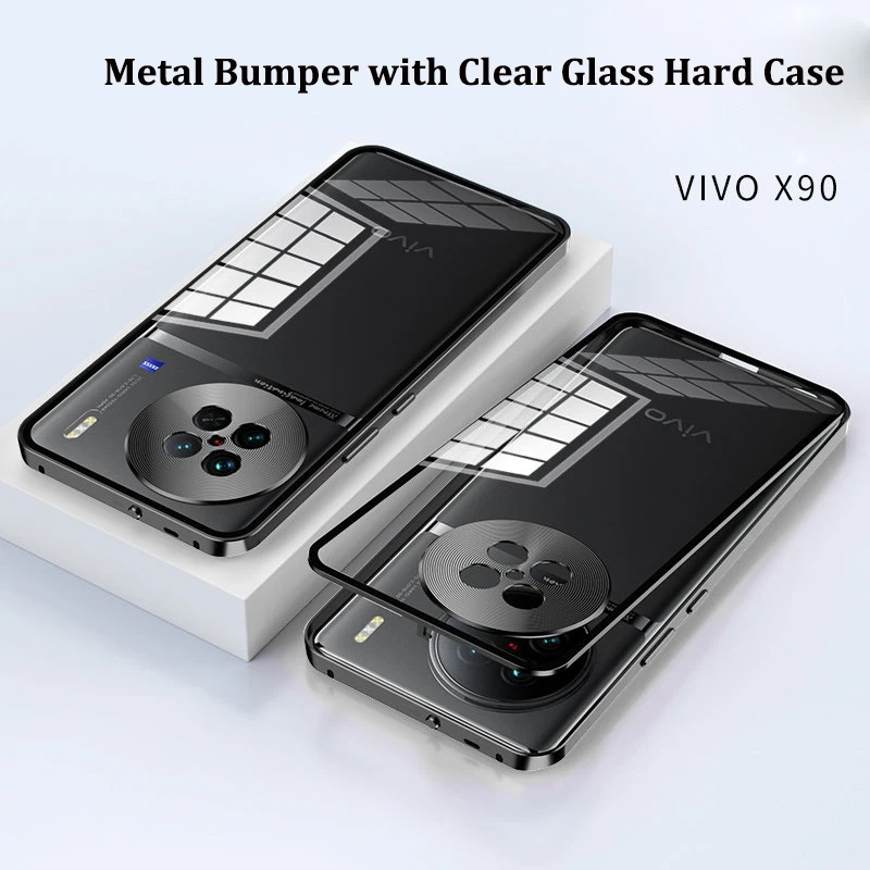 

Case For Vivo X90 5G V2241A Metal Bumper with Clear Tempered Glass Back Cover Hard Phone Case for Vivo X90 VivoX90 5G V2241A