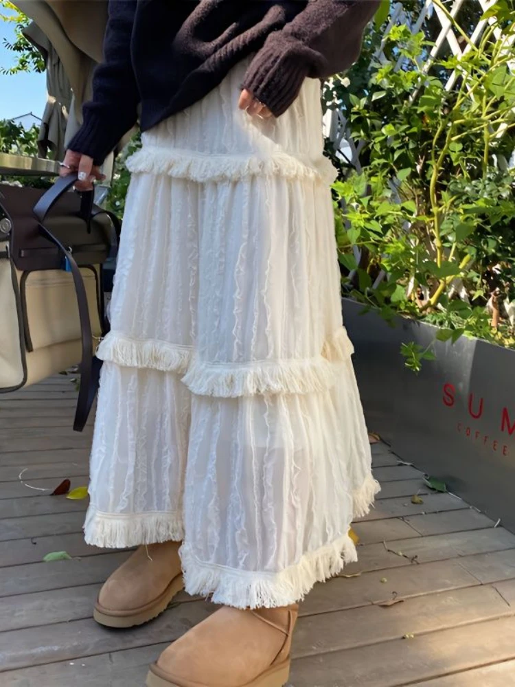 

Korobov Tassel Design Cake Skirts for Woman Sweet Skirt Solid Color Vintage Long Skirt New Korean Fashion Faldas Para Mujeres