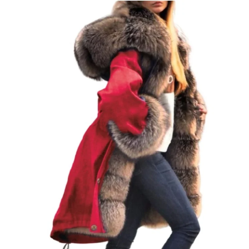 New Winter Long Coat for Women Big Fur Collar Solid Long Temperament Thickened Coat Hooded Single Breasted Fur Coat Women