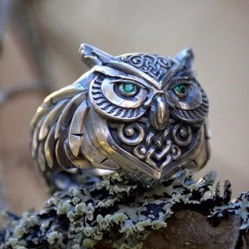 

Men's Celtic Knot Viking Owl Green Rings Unique Engagement Wedding Rings Hip Hop Punk Party Jewelry Gift for Boyfriend