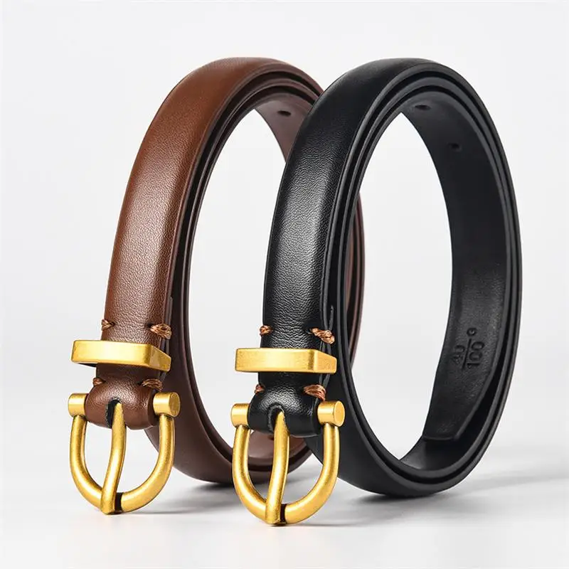 1.8cm Simple Leather Women's Belt Gold Alloy Pin Buckle All-match Solid Color Two-layer Cowhide Belt for Women