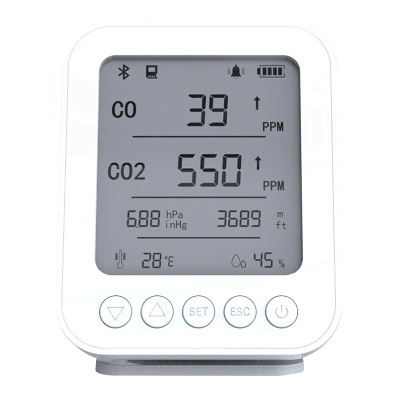 

6 In 1 Air Quality Monitor LCD Digital Gas Detector Vehicle CO CO2 Air Pressure Altitude Temp Humidity Time Monitoring