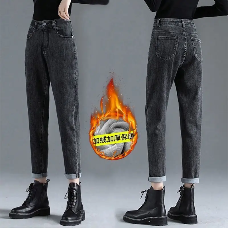 

2022 Women Jeans Solid Warm Winter high Waist Straight Jean Simple Ladies Full Length Girls Cowboy Pencil Pants Denim Spring New