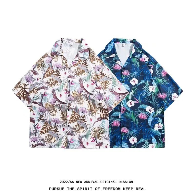 

Summer new Korean version ins Hong Kong style retro floral thin couple shirts shirts loose short-sleeved shirts men's tide