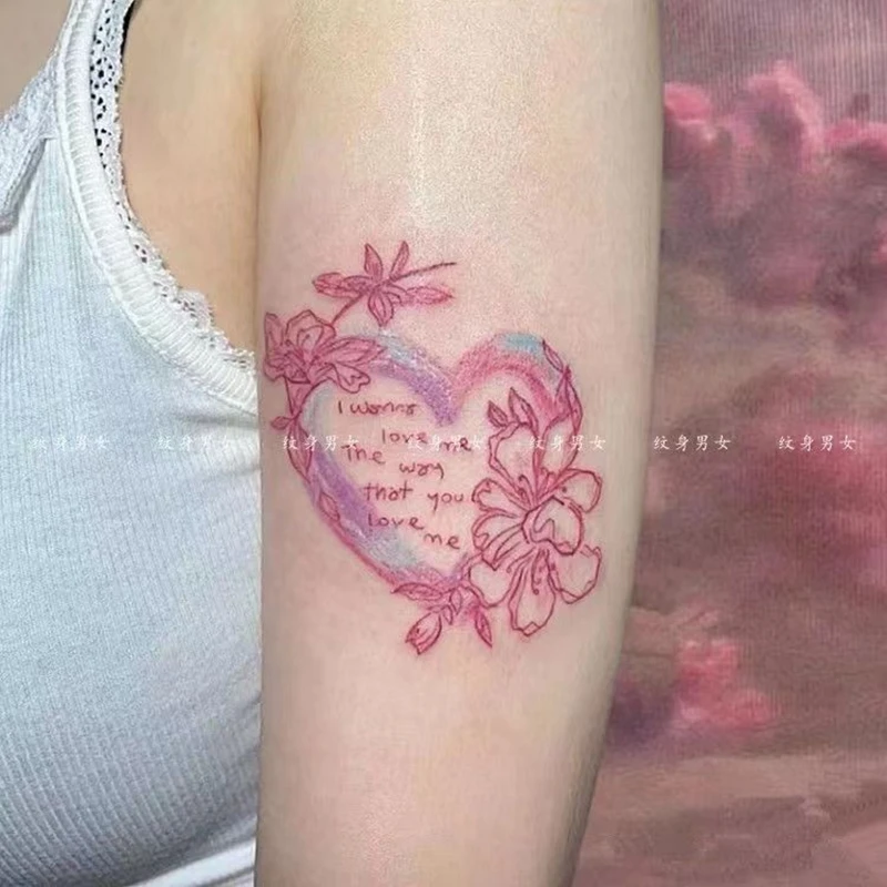 

Водостойкая Временная тату-наклейка «любовь» с розовыми цветами, Женская английская эротическая искусственная татуировка, цветок, грудь, р...
