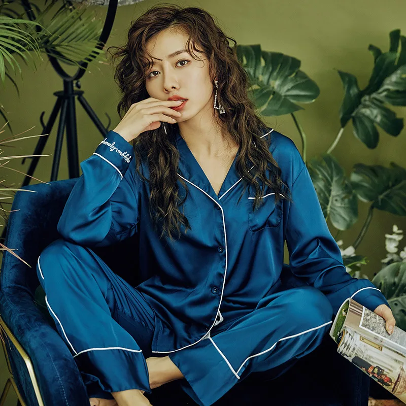 Women's 2 Piece Pajamas Sets Cute Pijama Faux Silk Satin Pyjama Female Sleepwear Long Sleeve Shirt Long Pants Homewear for women