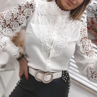women sexy lace patchwork hollow out shirt long sleeve crew neck button mesh design top 2022 spring fashion white vintage shirts