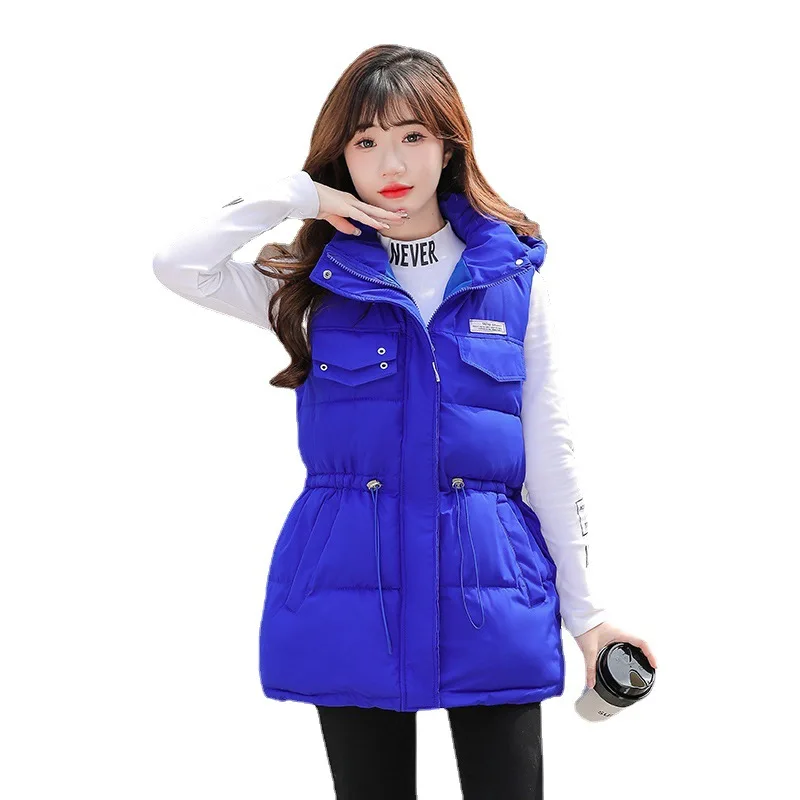 

Women's Winter Sleeveless Vest Jacket 2022New Fashion Hooded Thick Down Cotton Vest Drawstring Waist Female Waistcoat Outerwear