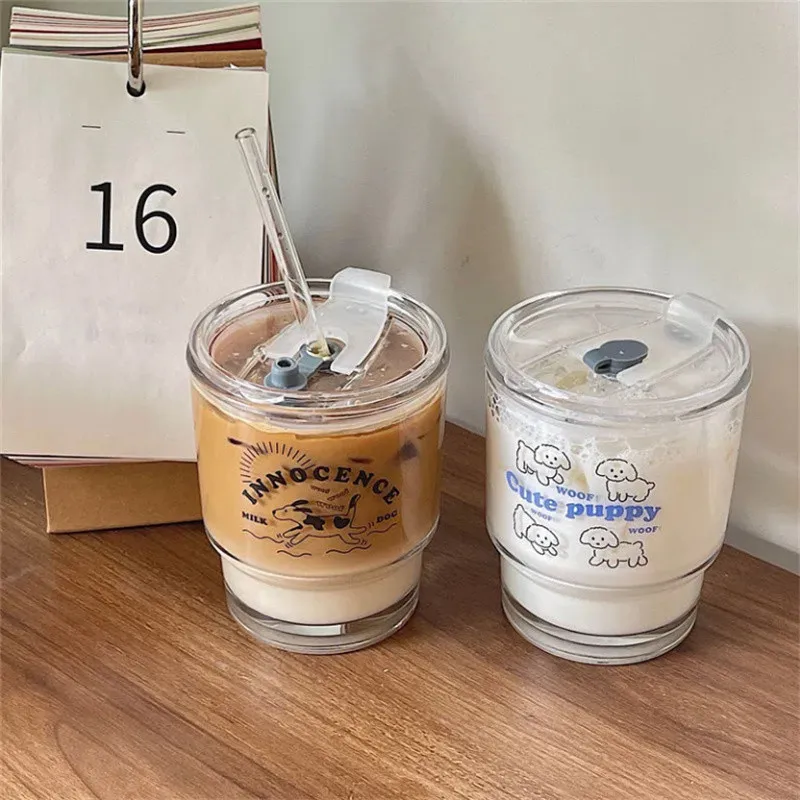 

350ml Cartoon Dog Glass Cup With Lid And Straw Water Bottle Coffee Mug Breakfast Cup Household Drinkware Milk Tea Couple Cup