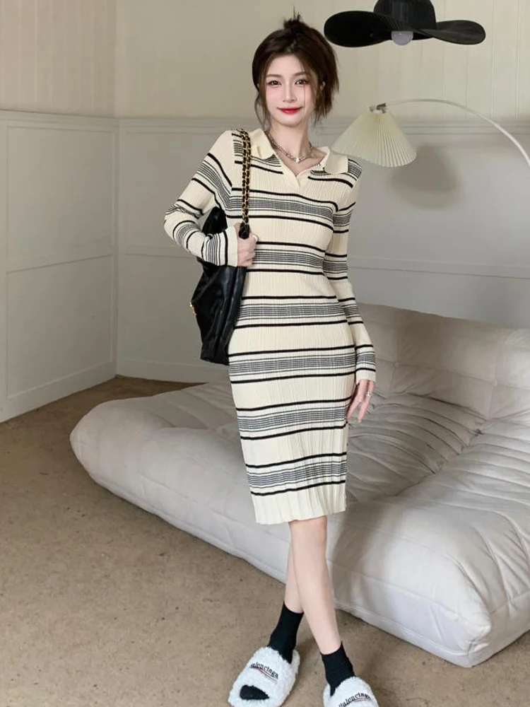 

Women'S New Styleshow striped Knitting Pullover Dress 2022 Autumn Winter Long Sleeve Interior Lapping High Wais Show thinness