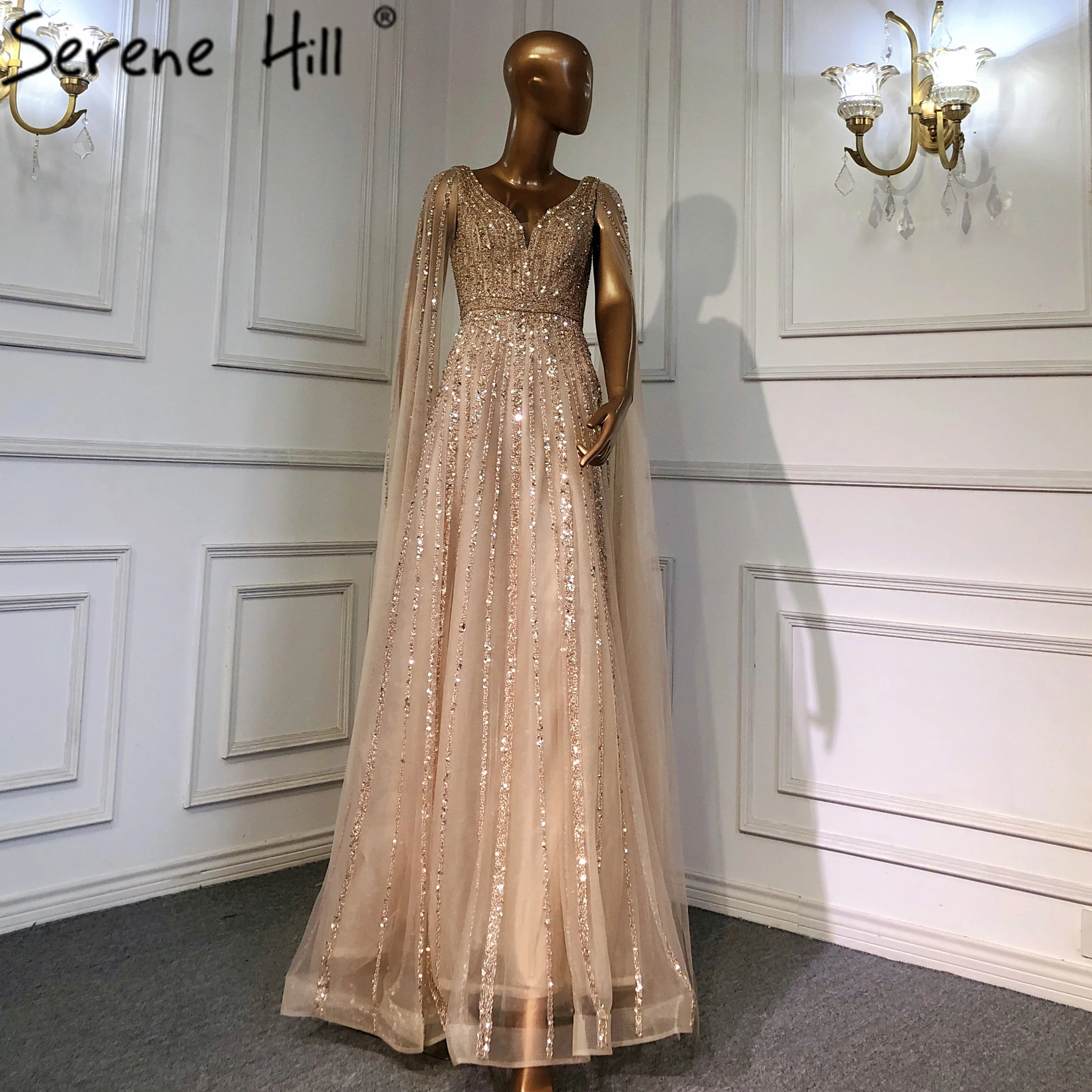 Serene Hill нюдовые арабские Роскошные вечерние платья с рукавами-накидками 2022