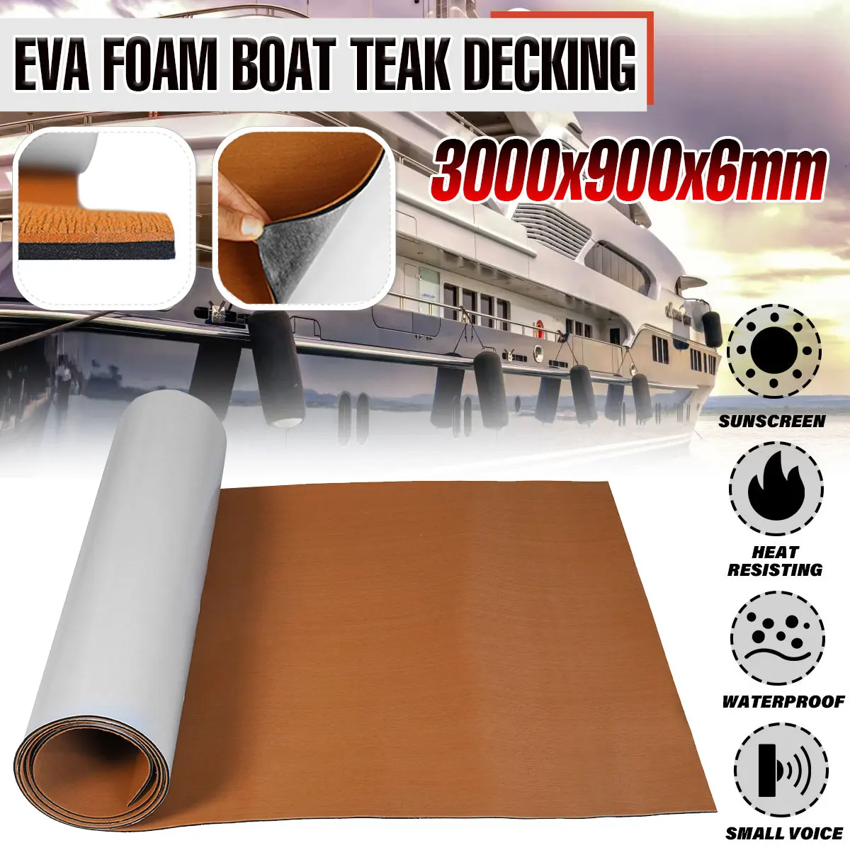 3000x900x6mm Boat Decking Sheet Faux Teak EVA Foam Marine Boat Flooring Pad Self Adhesive Yacht Flooring Pad RV Floor Mat