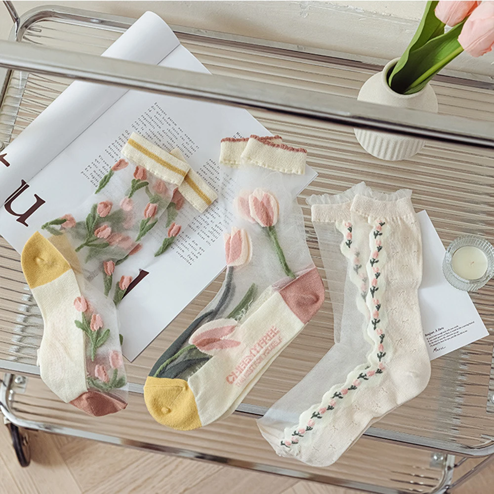 

Fashion Ultra-thin Transparent Crystal Socks Women Fashion Summer Harajuku Crew Socks Retro Flower Streetwear Elastic Long Socks