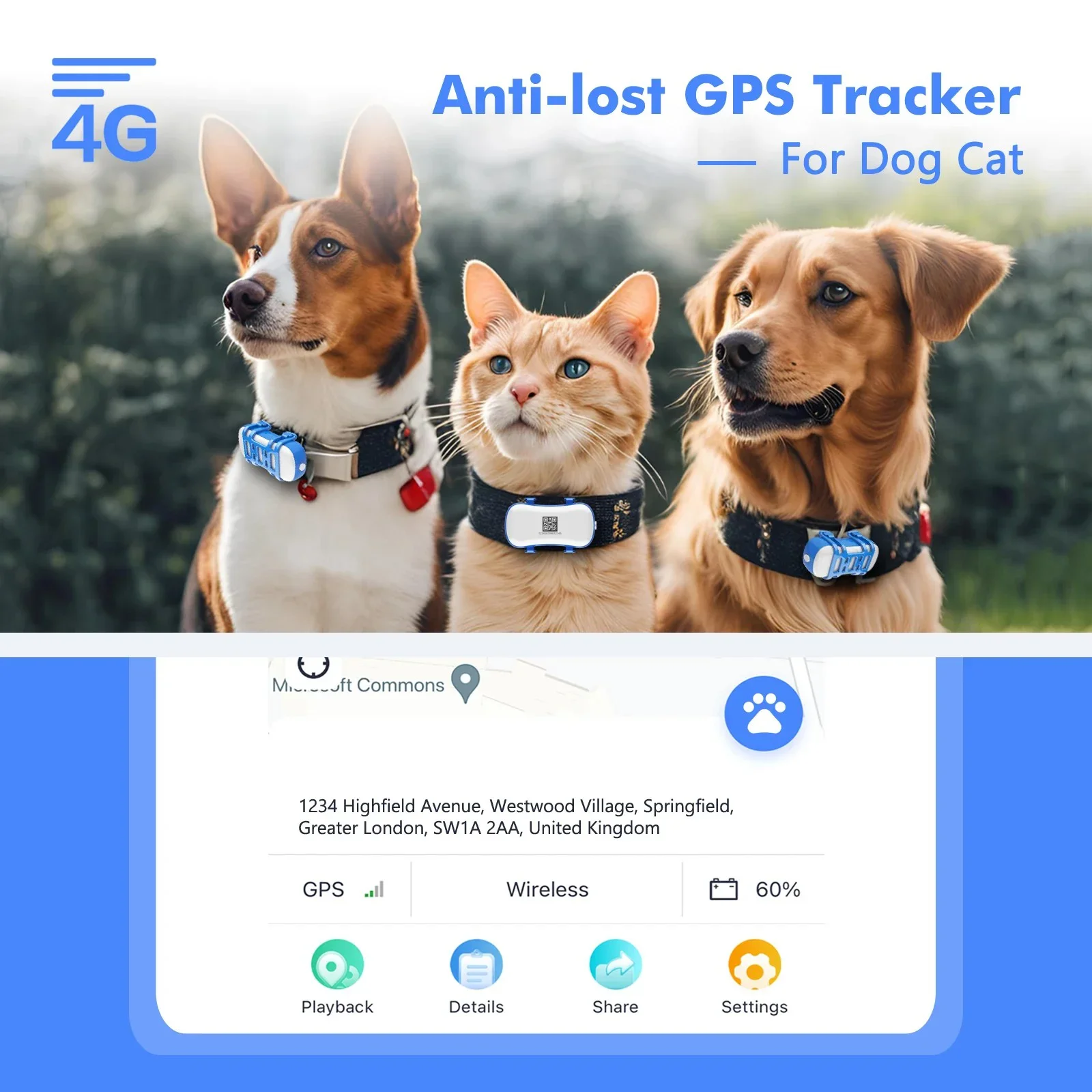 Фото ‌ 4G GPS трекер Android широкий диапазон для собак и кошек Водонепроницаемый умный локатор со звуковым сигналом Дополнительный ошейник для безопасного отслеживания №3