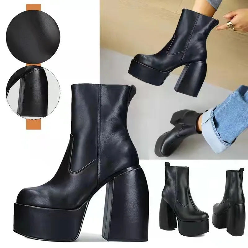 Punk Style Autumn Winter Boots Elastic Microfiber Shoes Woman Ankle Boots High Heels Black Thick Platform Long Knee High Boots