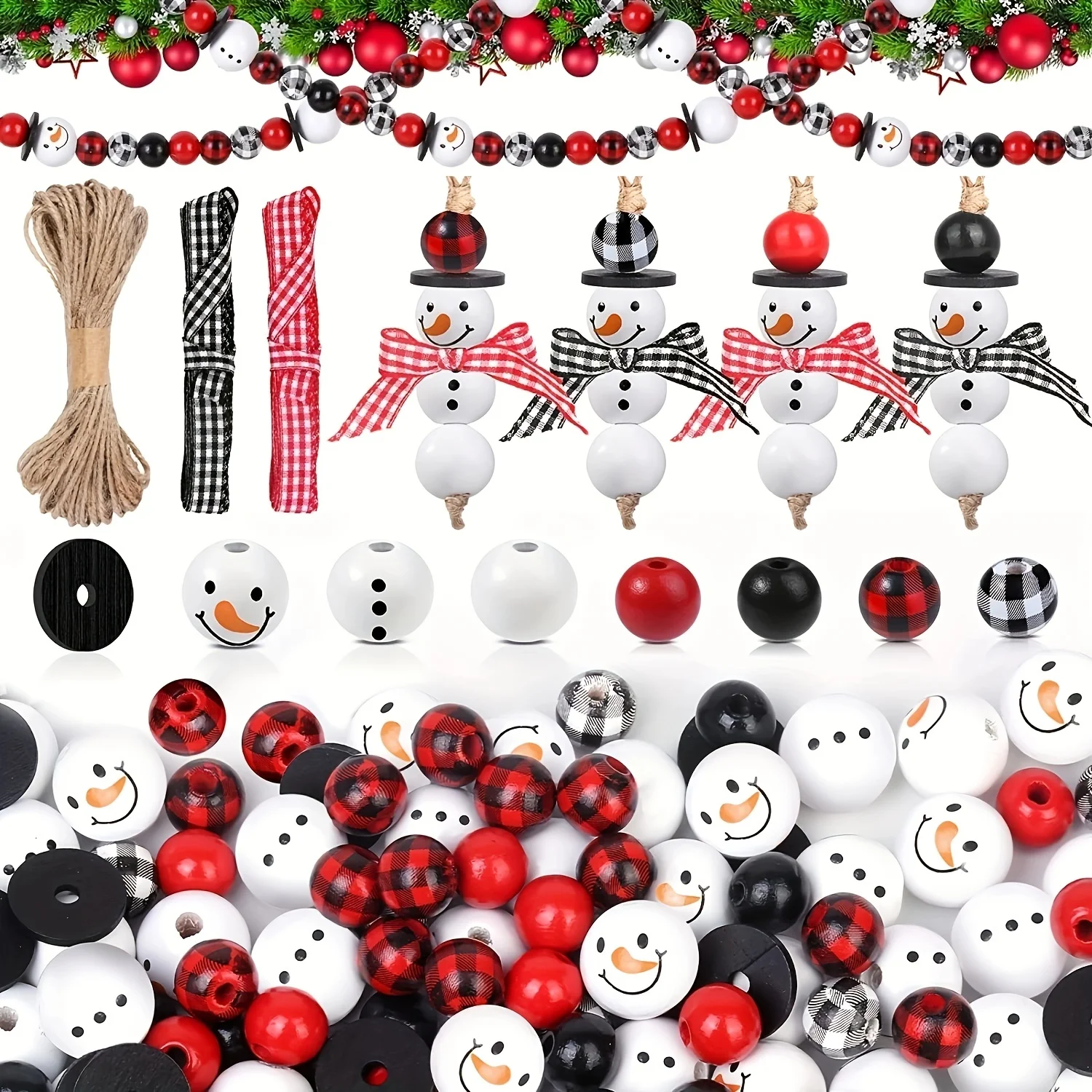 

Christmas Snowman Plaid Wooden Beads Kit Round Spacer Wood Bead for DIY Handmade Craft Garland Christmas Party Decor Supplies