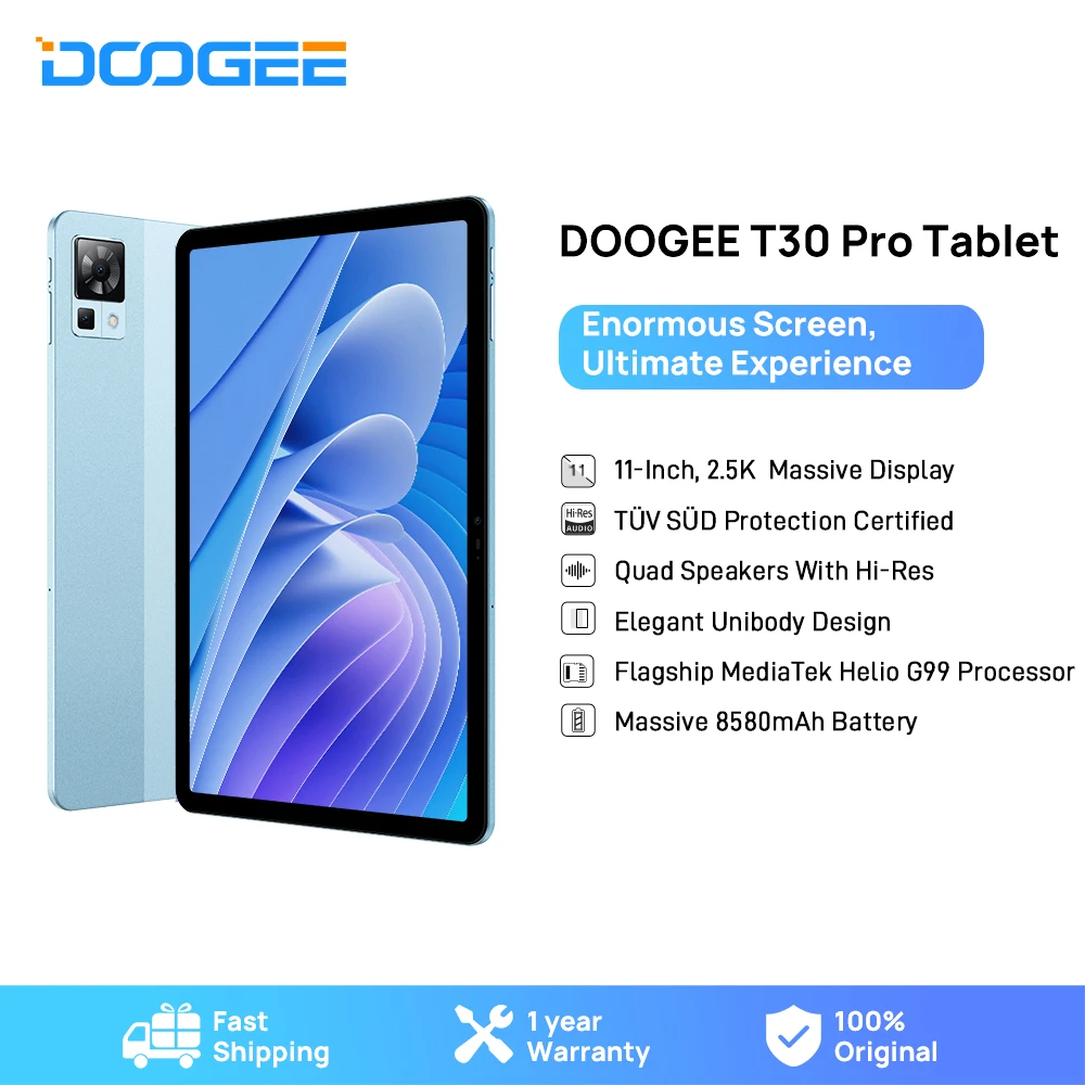 Планшет DOOGEE T30 Pro Helio G99 11-дюймовый дисплей 2,5K, сертифицированный TÜV, 8 ГБ + 256 ГБ, 8580 мАч, 20 МП, основная камера, четыре динамика высокого разрешения