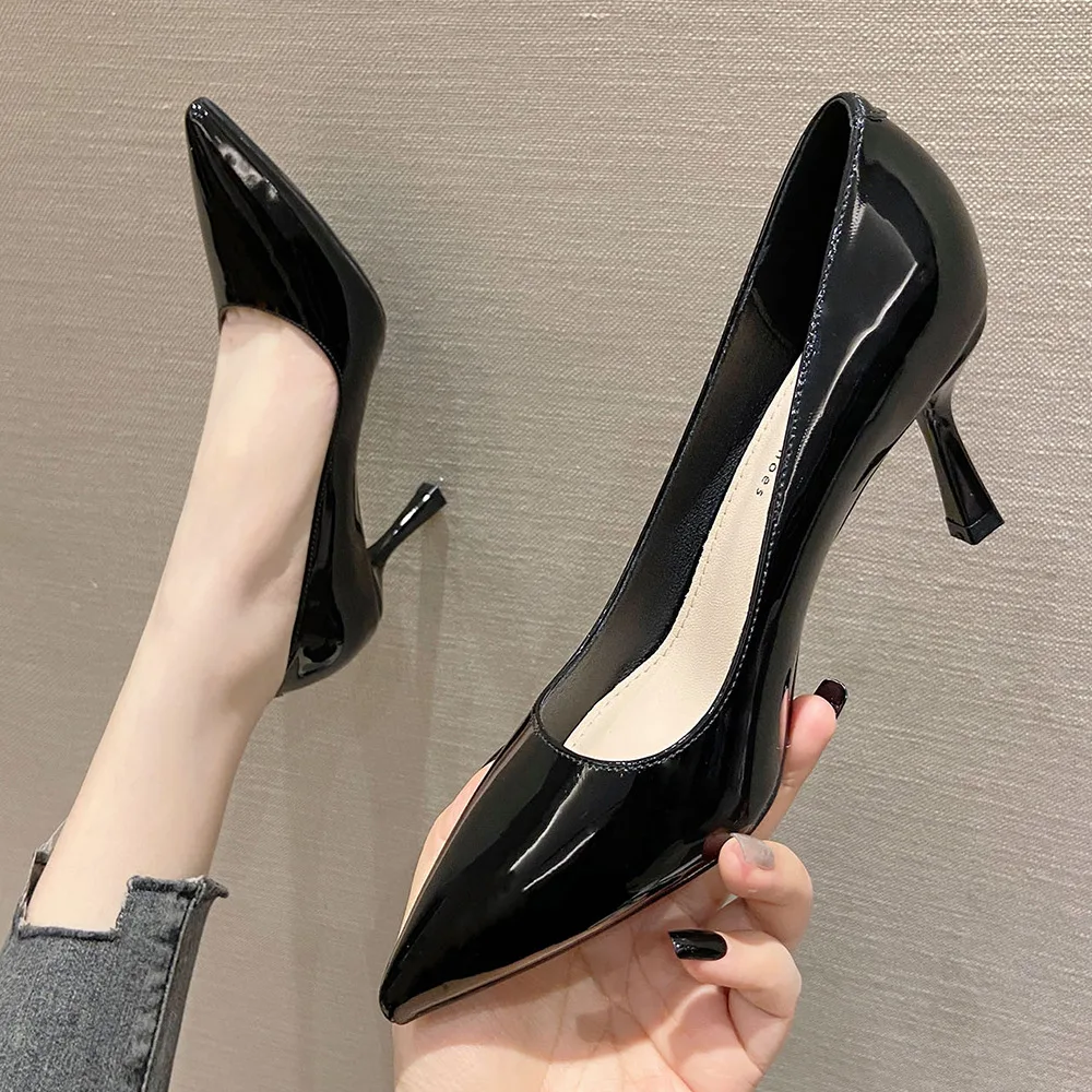

7cm Fashion New Thin High Heels Patent Leather Pumps Pointed Toe Black Shoes for Women 38 39 40