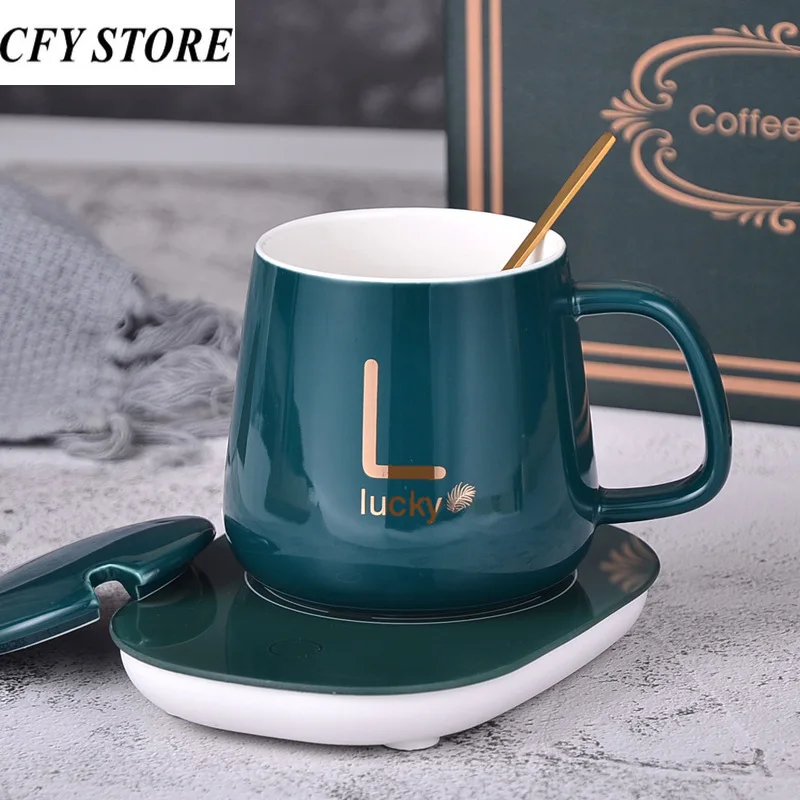 

Gift Package 500ml Ceramic Coffee Mug with Lid Spoon and Thermostatic Pad Coffee Cup Family Breakfast Milk Cup Beverage Utensil