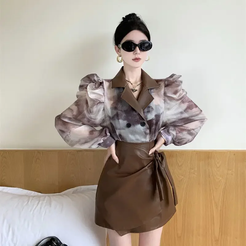 Элегантный женский осенний чернильный костюм с пышными рукавами и воротником