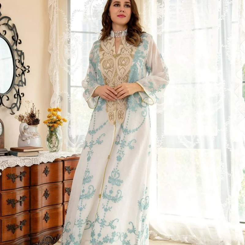 

Woman Muslim Embroidery Flower Full Abaya Dubai 2022 Eid Mubarak Kaftan Turkey Arabic Gulf Long Evening Dresses Abbaya Musulmane