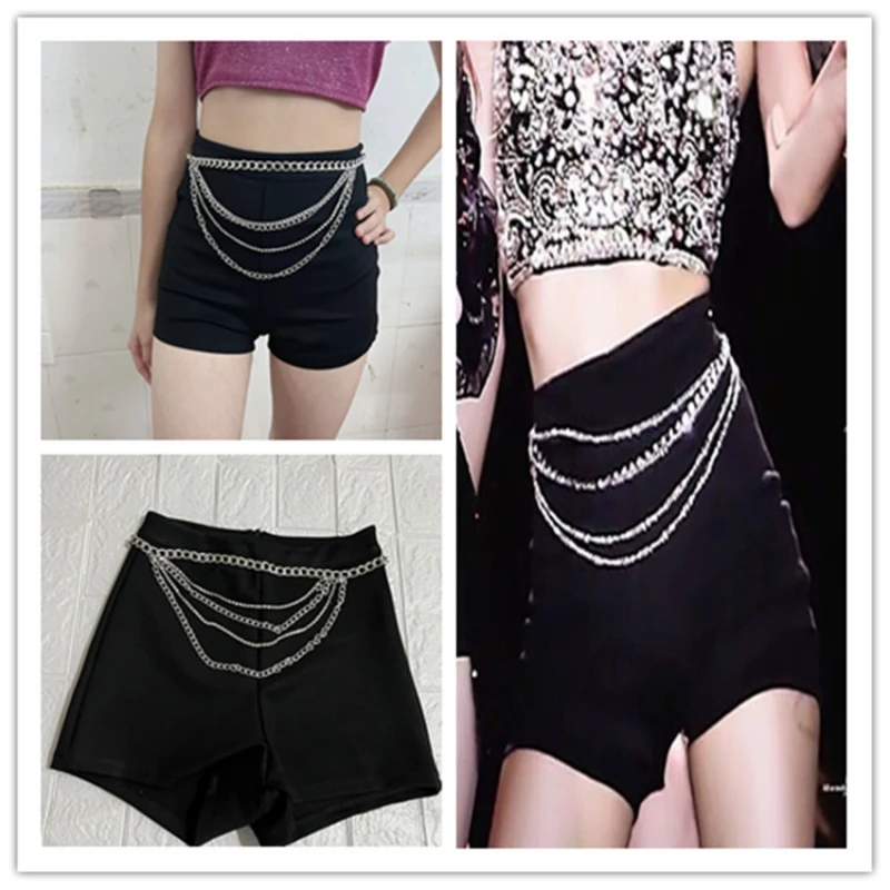 

Kpop Girl Group LISA Jazz Dance Sexy Slim Stretch Waist Chain Shorts Women Summer Nightclub Hip Hop High Waist Tight Mini Shorts