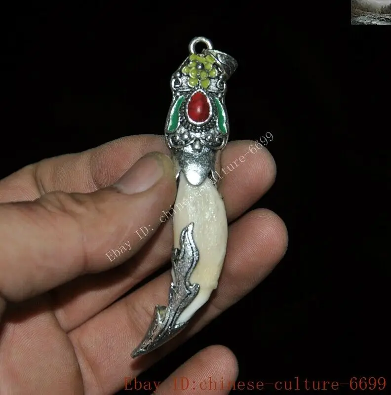 

3'' Old Tibetan Silver inlay Wild boar teeth Coral gem Exorcism amulet Pendant