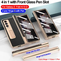 2 pcs hinge with touch pen for samsung galaxy z fold 4 3 2 5g case pen slot front screen glass stand holder litchi leather cover