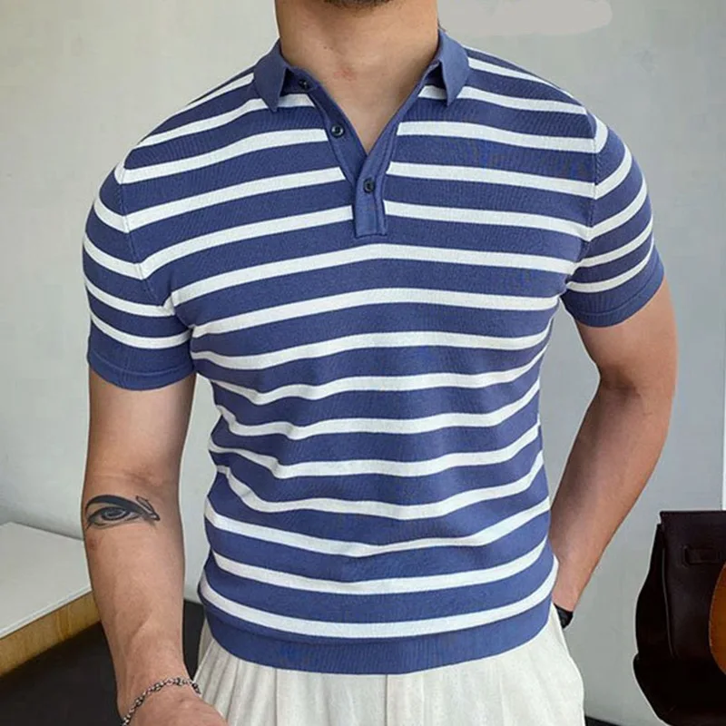 

Men Clothing 2023 Summer New Lapel Knit Blue Striped Business T Shirt