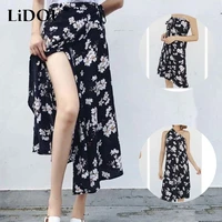 2022 summer bohemian one piece floral printed lace up hip wrap skirts women beach holiday high waist retro slit sunscreen skirt