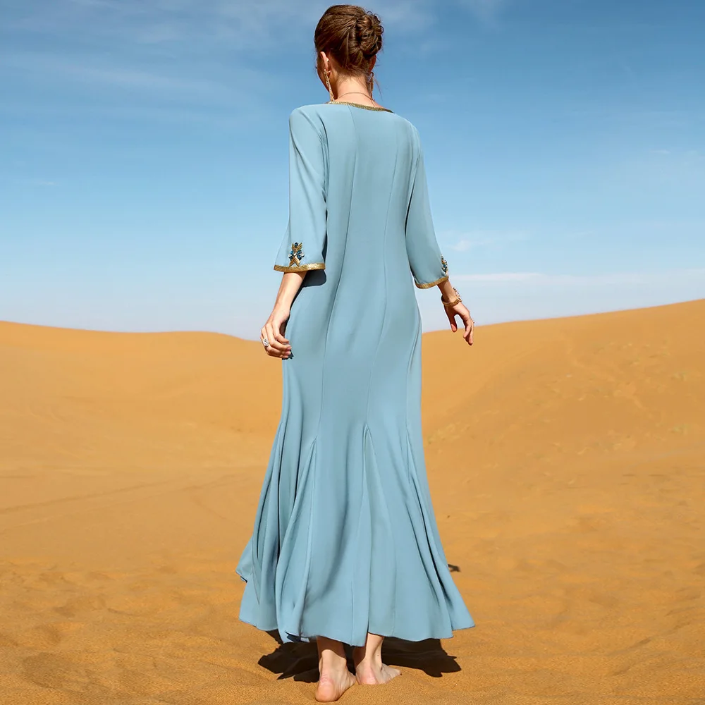 Sweethug Abaya Long Dress Handsewn Diamonds Embroidered Muslim Moroccan Evening Kaftan Arabic Party Dress with Metallic Belt