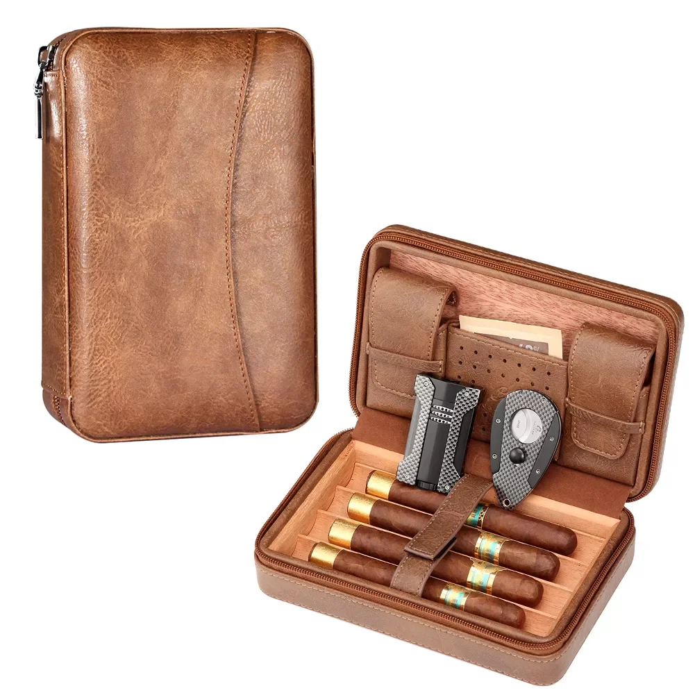 

Humidor Cigar Case W/ Humidity Metal Cigar Lighter Cutter Set Cedar Wood 4 Tube Cigar Humidor Box