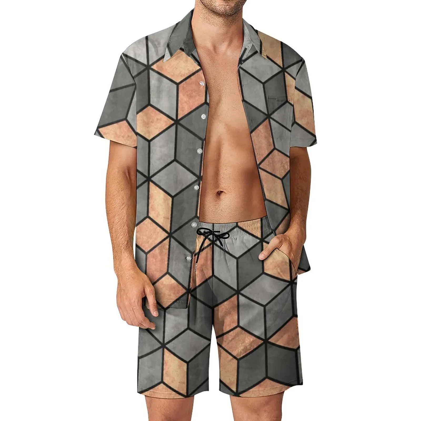 

Nordic Pattern Print Men Sets Concrete and Copper Cubes Casual Shorts Vacation Shirt Set Short Sleeve Streetwear Custom Suit