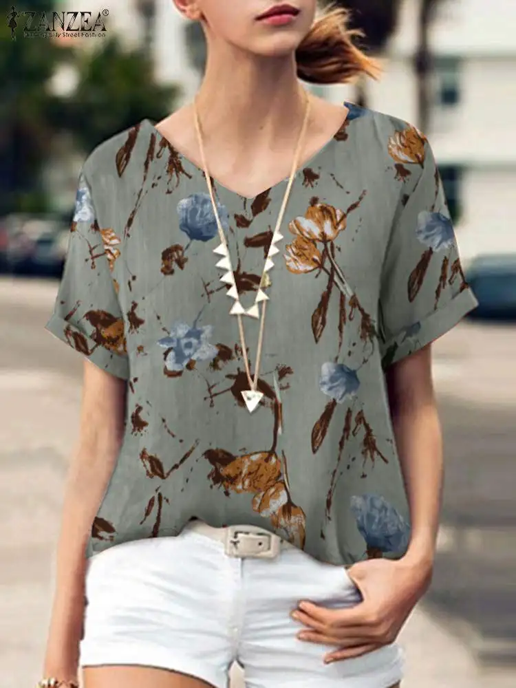 

Stylish Printed Tops Women Floral Blouses ZANZEA Short Sleeve Shirts Female Casual Floral V neck Blusas Chemise Tunic Oversized