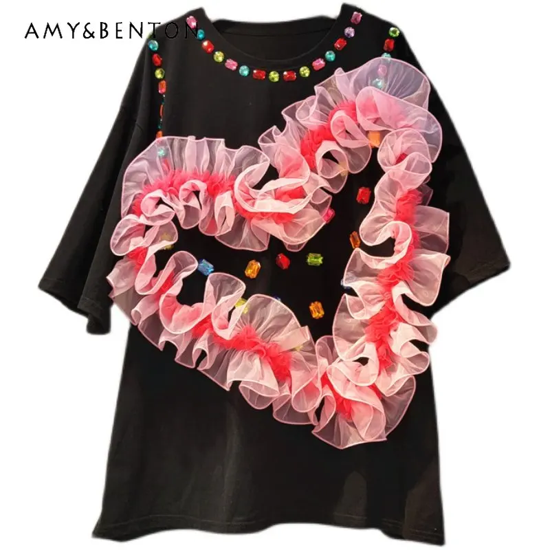 

European Style Top 2023 Summer New Heavy Industry Nail Colorful Crystals Stitching Mesh Love Design Loose-Fitting Casual Tshirts