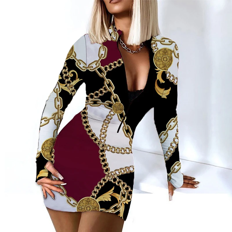 

Sexy Long Sleeve Bodycon Mini Dress Women Autumn Fashion Deep V Neck Print Club Outfits Party Dresses Casual Female Robe