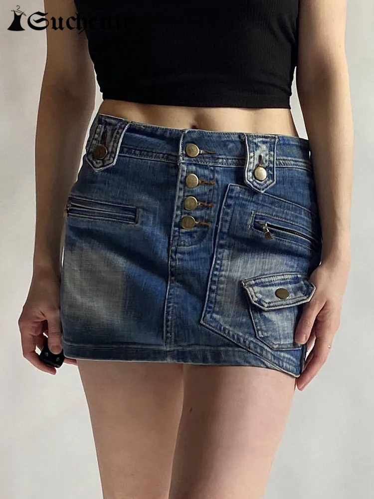 

Мини-юбка в стиле пэчворк, с карманами, с низкой посадкой