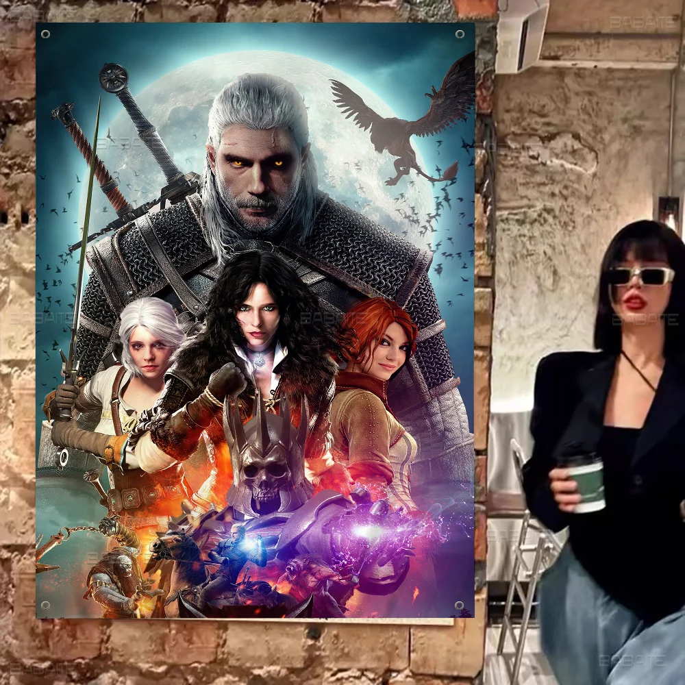 Hot-The-W-Witcher-Game Banner Art Printing Japanese Wall Flag Anime Hanging Home Decor