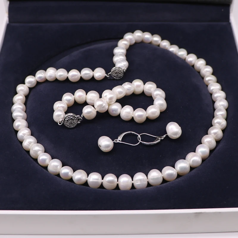 

Beautiful White Pearl Jewelry Sets For Women Wedding Bridal Earring Bracelet Necklace Real Natural Freshwater Cultured Jewellery