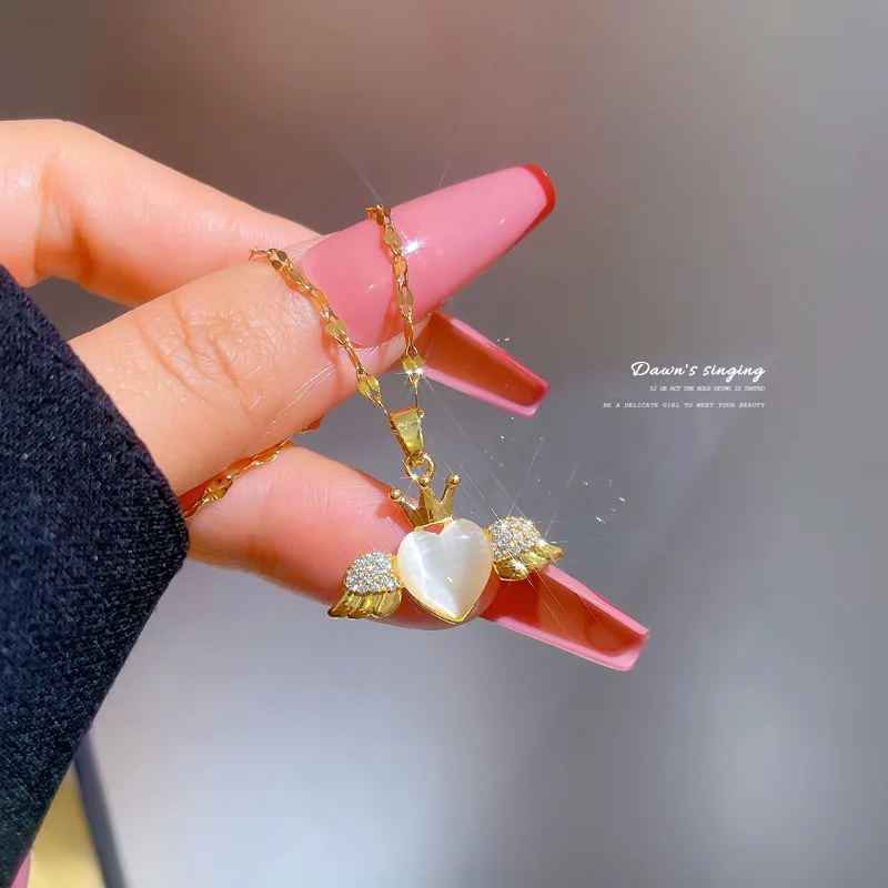 

Wish Card Princess Crown Heart Necklace For Women Girl Fashion Party Jewelry Accessories Gift Zircon wings Charm Choker 1 Piece