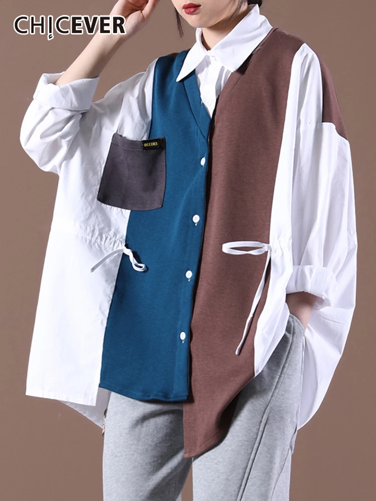 

CHICEVER Korean Fashion Patchwork Knitting Shirt For Women Lapel Long Sleeve Colorblock Loose Spring Women's Blouse 2022 Stylish