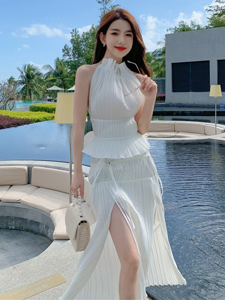

Elegant Sets For Women 2022 Club Sexy Backless Hollow Bandage Tops Shirt Blouse Package Hips Skirt White Vacation 2 Pieces Sets
