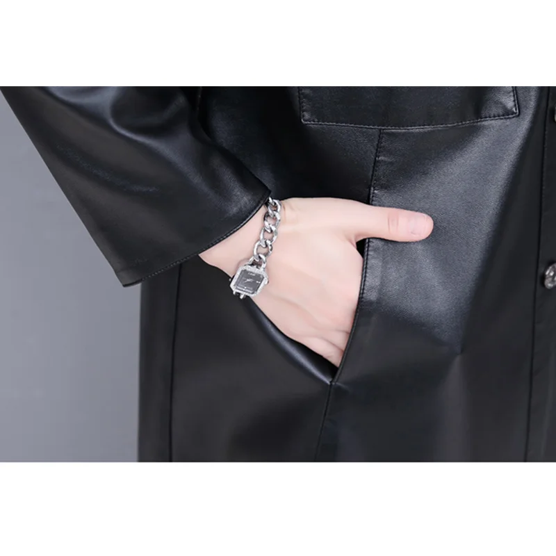 Autumn Winter Long Casual Genuine Leather Jacket Women New Fashion Streetwear Slim Sheepskin Coat Black Female Clothing Tops