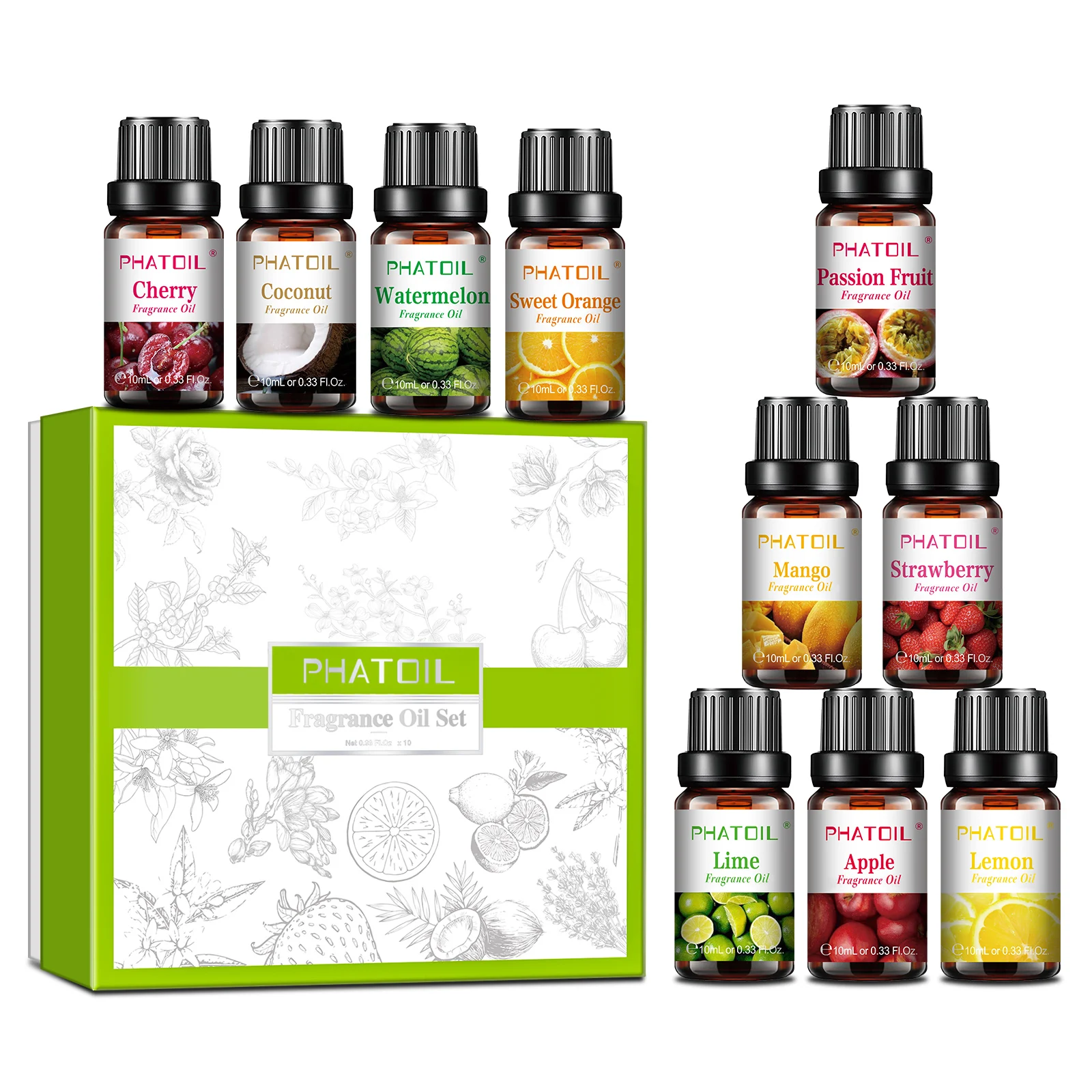 Фото PHATOIL Набор масел с фруктовым ароматом, 10 шт., 10 мл, лайм, яблоко, манго, страсть, клубника, арбуз, вишня, кокос, лимон, оранжевый №1