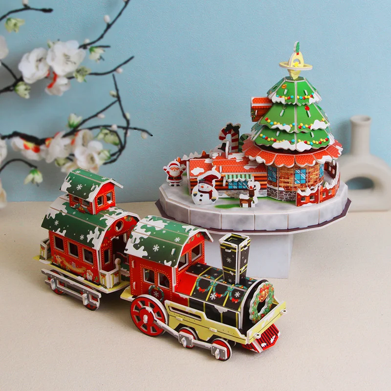 

3D пазл, модель рождественского дома, поезд для детского сада, раннее обучение, своими руками, искусственная головоломка для детей, подарок на Рождество, искусственная головоломка