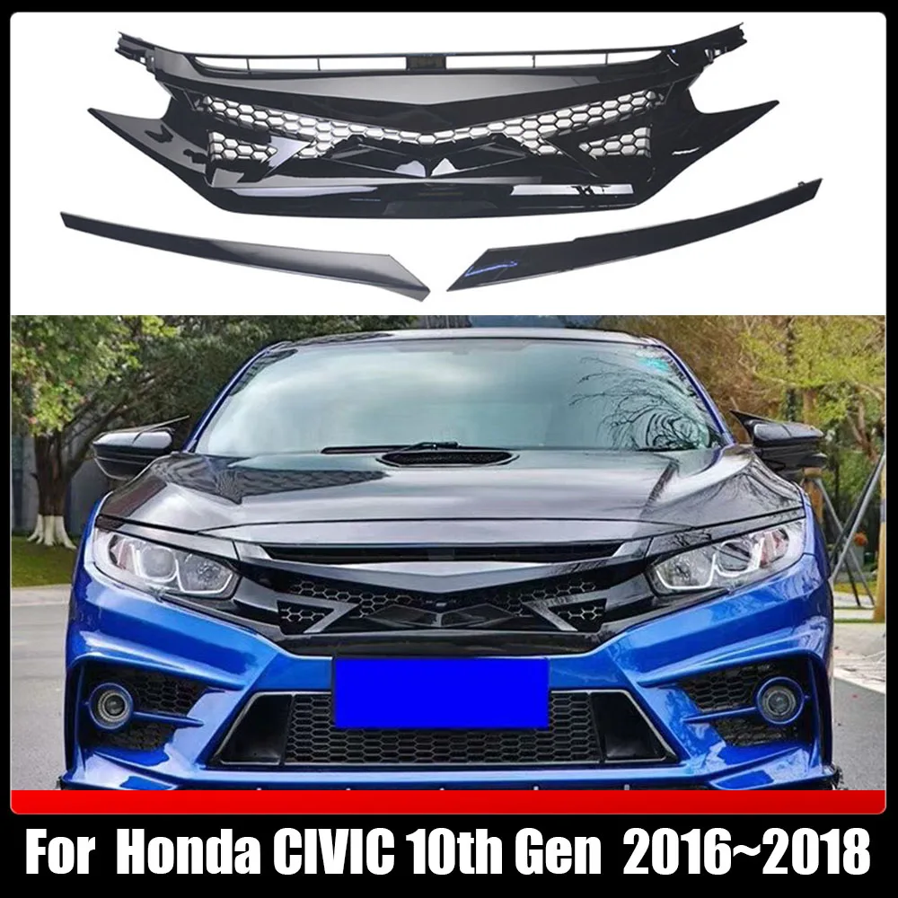 

Car Racing Grill Grills Upper Bumper Grille ABS Glossy Black Demon Style With 2 Eyebrows For Honda CIVIC 10th Gen 2016~2018