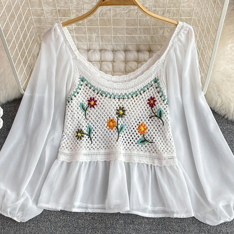 

Boring Honey Chiffon Sleeve Splicing Clothes For Women Retro Round Collar Women's T-Shirt Hollow Out Embroidery Long Sleeves Top