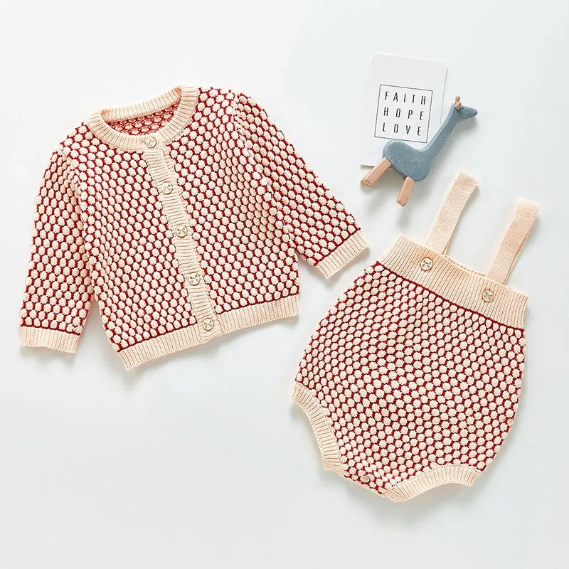 

Baby Girl Clothes Spring Autumn New Infant Baby Girls Knit Sweater Sets Jacquard Long Sleeve Coat + Rompers Clothing 2Pcs Sets