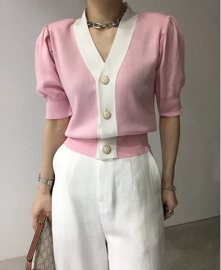 E GIRLS  Summer Women Short Sleeve Knitted Cardigans Fashion Solid V Neck Thin Sweaters Slim Ladies Buttons Crop Top Ropa Mujer